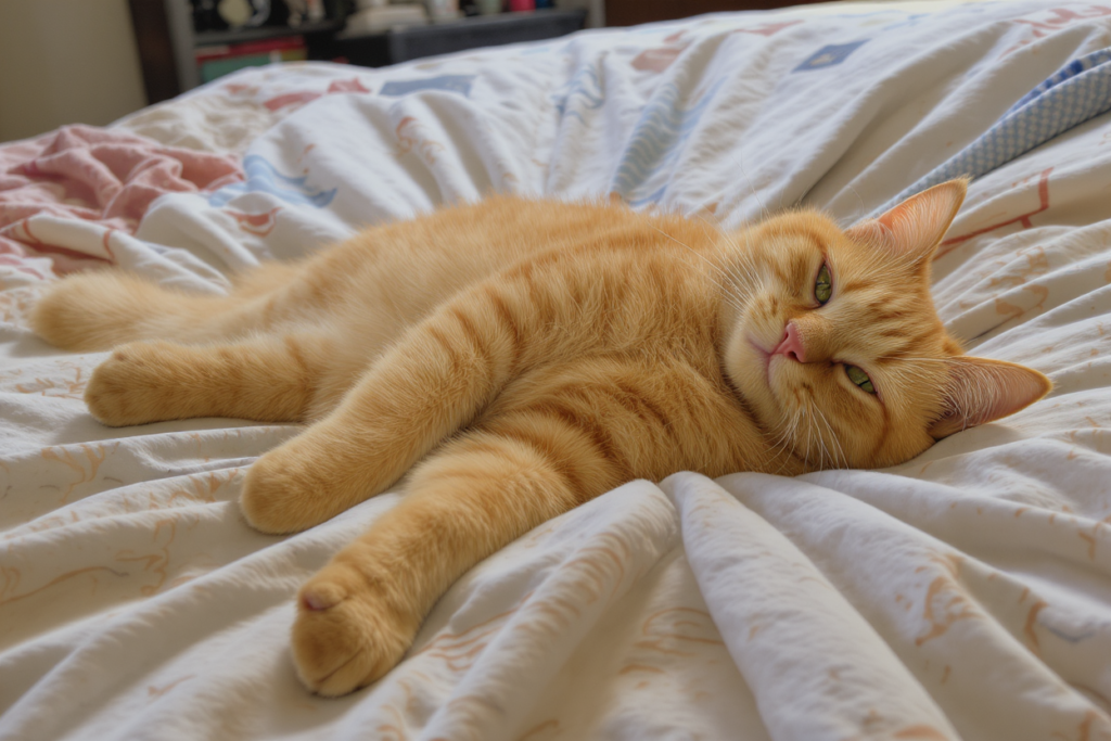 orange tabby cat on a bed